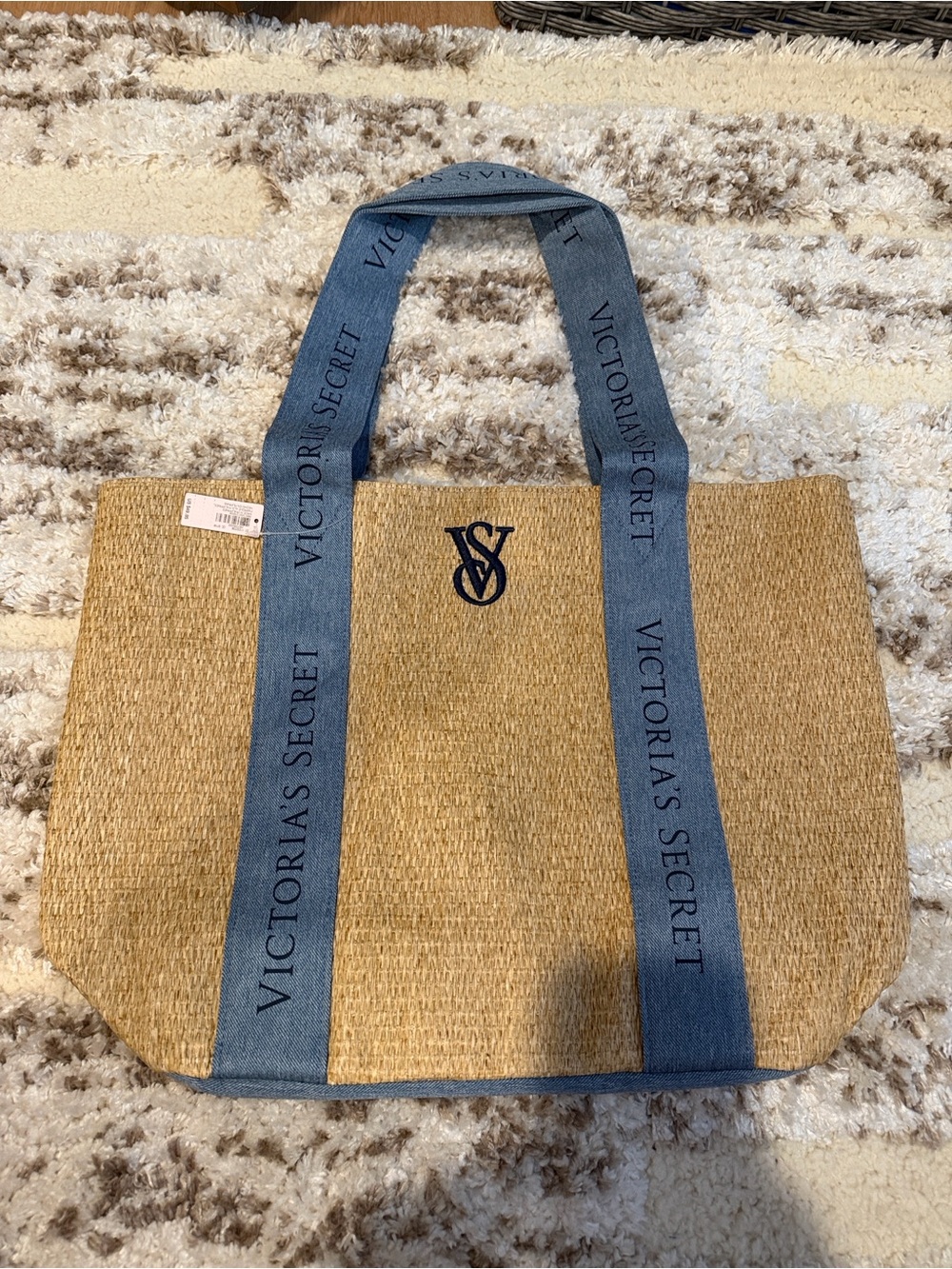 Victoria's Secret Natural Straw Tote with Blue Logo Straps